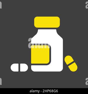 Medicine bottle and pills vector icon on dark background. Medicament Stock Vector