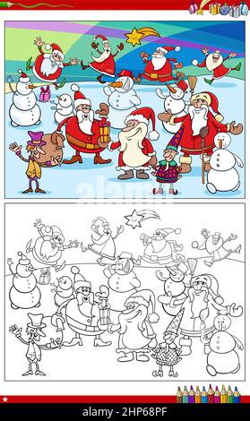 cartoon Christmas characters group coloring book page Stock Vector