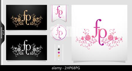 illustration of a monogram FP or PF with flower ornament pattern, Set of label initial HS or SH letter . applicable for letterpress, embroidery, invitation wedding monogram, and sign. Stock Vector