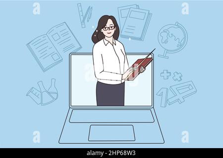 Smiling teacher have online lessons with students on computer Stock Vector