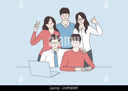 Portrait of smiling employee team work on computer Stock Vector