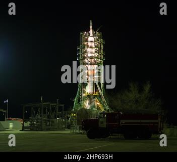 The Soyuz TMA-15M spacecraft is seen on the launch pad just prior to launch on Monday, Nov. 24, 2014 at the Baikonur Cosmodrome in Kazakhstan. Stock Photo