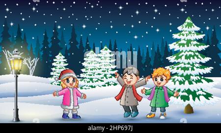 Happy kids playing in winter landscape at night Stock Vector