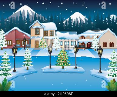 Night winter village landscape with a mountain background Stock Vector