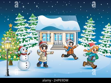 Happy kids wearing a winter clothes playing on the snow in christmas day  Stock Vector Image & Art - Alamy