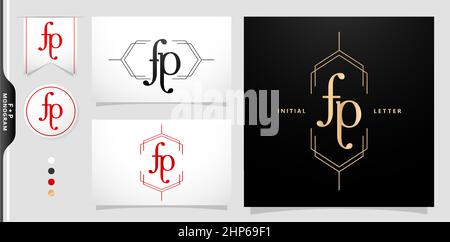 FP or PF initial letter and graphic name, FP or PF Monogram, for Wedding couple monogram, logo company and icon business, with black white color, gold color and gradient red color isolated background Stock Vector