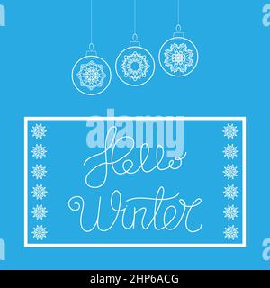 Hello Winter Typographic Poster. Hand Drawn Phrase. Lettering on Snowflake Sky Background. Stock Vector