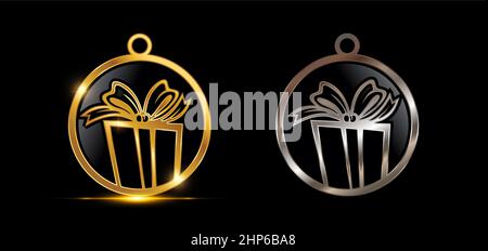 Gold and Silver Gift Box Circle Decoration Vector Sign Stock Vector