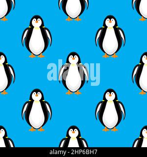 Cute Penguin Icon Isolated on Blue Background. Seamless Pattern. Stock Vector