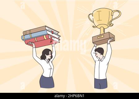 Happy students with books and prize in hands Stock Vector