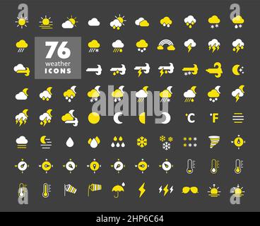 Weather forecast icon set on dark background Stock Vector