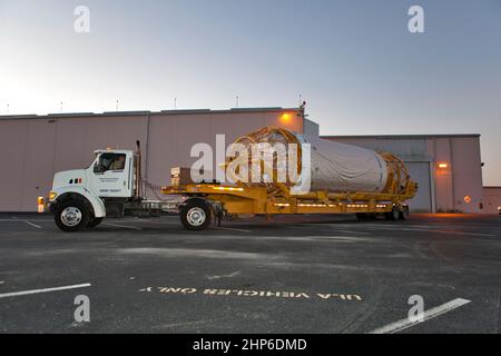 The Centaur upper stage that will help launch NOAA's Geostationary Operational Environmental Satellite-S, or GOES-S, is being transported from the Atlas Spaceflight Operations Center at Cape Canaveral Air Force Station to the Delta Operations Center for further processing. Stock Photo