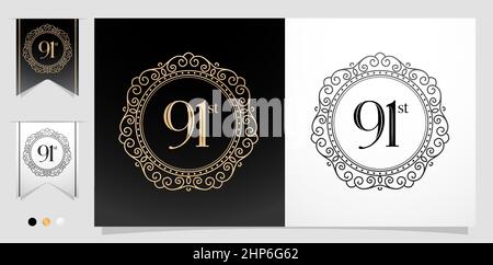 91st with circle frame ornament, Ellipse Frame element with color gold isolated background, applicable for letterpress, embroidery, invitation wedding anniversary, greeting card, and sign banner Stock Vector