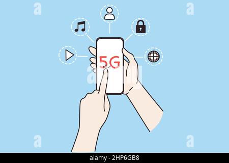 Person hold cellphone with 5g network connection Stock Vector
