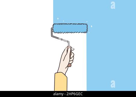 Man with roller brush paint house wall Stock Vector