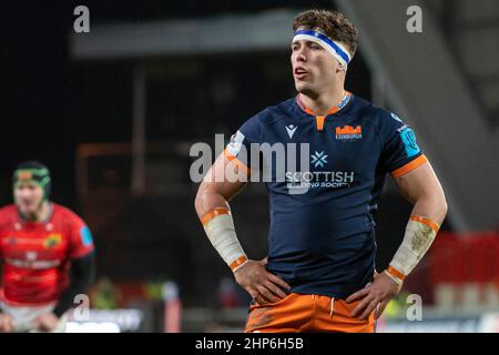 Limerick, Ireland. 18th Feb, 2022. Connor Boyle of Edinburgh during the United Rugby Championship Round 12 match between Munster Rugby and Edinburgh Rugby at Thomond Park in Limerick, Ireland on February 18, 2022 (Photo by Andrew Surma/ Credit: Sipa USA/Alamy Live News Stock Photo