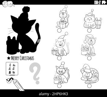 shadows game with cartoon cats on Christmas coloring book page Stock Vector
