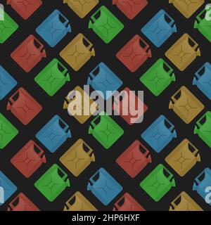 Colored Jerry Can Isolated on Black Background. Metal Fuel Container. Jerrycan Icon Seamless Pattern. Stock Vector