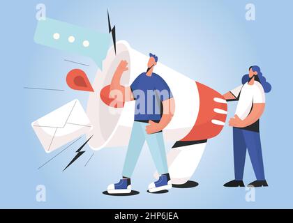 People hold loudspeaker make sale announcement Stock Vector