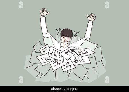 Anxious man drowning in paperwork documents and bills Stock Vector