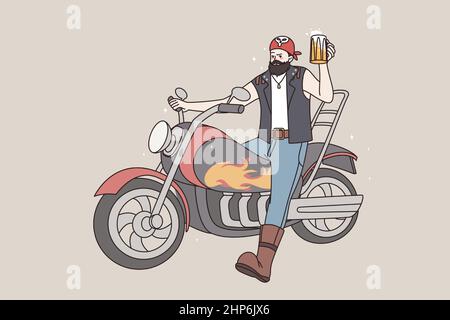 Brutal man rocker on motorcycle with beer Stock Vector