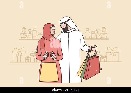 Rich Arabic couple with bags shopping in mall Stock Vector