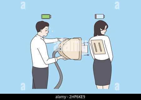 Energetic man recharge exhausted female colleague with huge plug Stock Vector