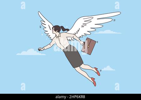 Happy businesswoman fly on wings of success Stock Vector