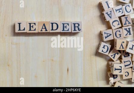 Wooden letters connect to message on wooden desk, informative and communication about leaders of thought, work, initiative or learning on top-view Stock Photo