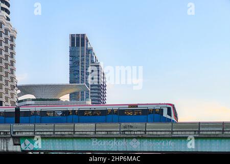 Bangkok-Thailand NOV 26 2019: BTS Sky Train on cityscape background in daytime, aerial view Stock Photo