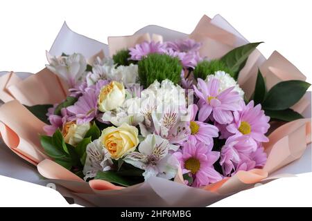 Beautiful chrysanthemums, carnations, roses and other flowers in a bouquet close-up. Front view. Stock Photo