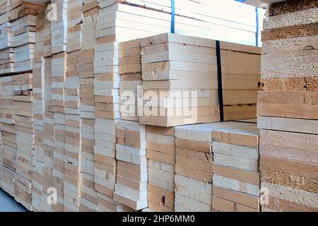 Selective focus industry softwood processing (Pallets wood recycle) material in warehouse store for use on make a furniture for decor home and others Stock Photo