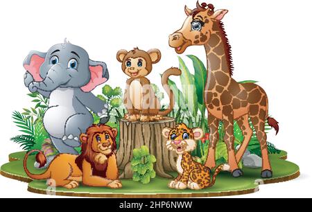 Happy animals cartoon in the park with green plants Stock Vector