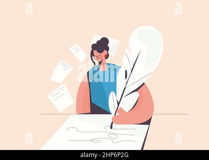 Woman writer create poetry with feather on paper Stock Vector