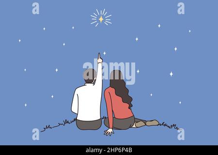 Couple lovers count stars in night sky Stock Vector