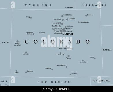 Colorado, CO, gray political map, US state, The Centennial State Stock Vector