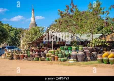 BAGAN, MYANMAR - DECEMBER 23, 2016: Pottery and souvenirs are on sale on the street of Old Bagan. Burma Stock Photo