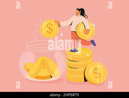 Woman drop coin into jar collecting money Stock Vector