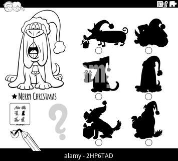 shadows game with cartoon dog on Christmas coloring book page Stock Vector