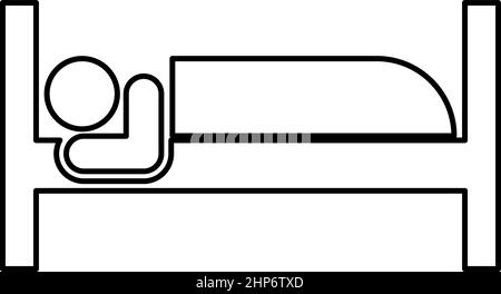 Man lies on bed sleeping concept Hotel sign contour outline icon black color vector illustration flat style image Stock Vector