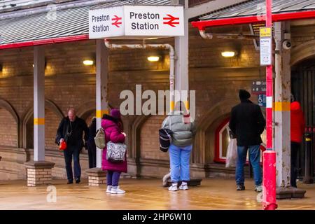 Preston, Lancashire.  UK Weather. 19 Feb 2022.  Preston Railway Station is closed owing to storm damage caused by Eunis, creating commuter delays. After severe winds destroyed the station's roof, passengers are being transported to Wigan via cab. Experts from Network Rail engineers are inspecting sections of metal roof panelling are evaluating the damage and planning repairs. With stronger winds expected across the region tomorrow Avanti trains scheduled to stop at Preston railway station have been cancelled.  Credit: MediaWorldImages/AlamyLiveNews Stock Photo