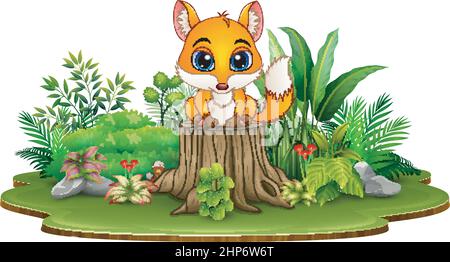 Cartoon happy fox sitting on tree stump with green plants Stock Vector