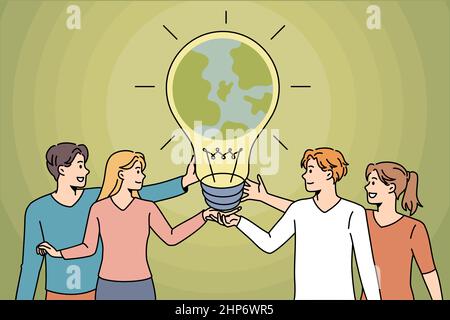 People hold lightbulb with planet earth inside Stock Vector