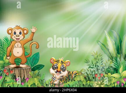 Cartoon of the nature scene with a monkey sitting on tree stump and tiger Stock Vector
