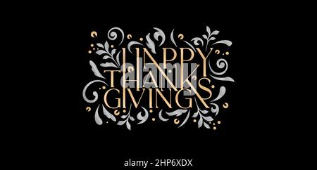 illustration of happy thanksgiving lettering fonts with floral and swirls pattern, golden and silver color for greeting cards, print mug, invitation, sign and banners Stock Vector