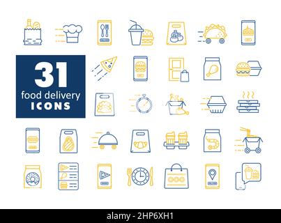 Fast food delivery vector flat icons set Stock Vector