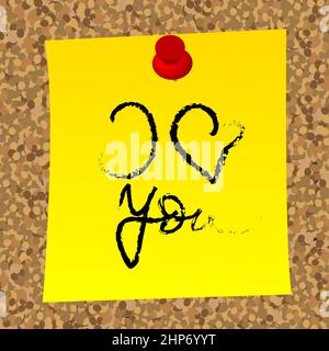 Yellow post with the message i love you caught on the cork board Stock Vector