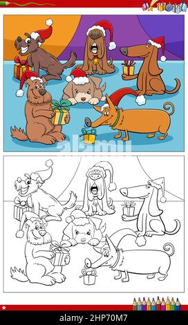 cartoon dog characters on Christmas time coloring book page Stock Vector
