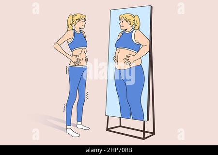 Unhappy skinny girl look in mirror see fat reflection Stock Vector