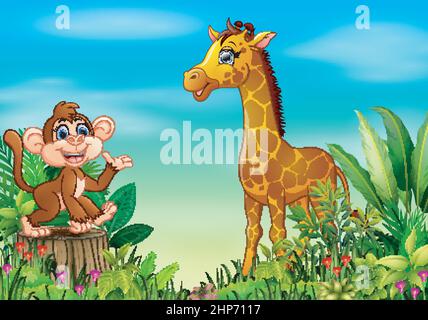 Nature scene with a monkey sitting on tree stump and giraffe Stock Vector